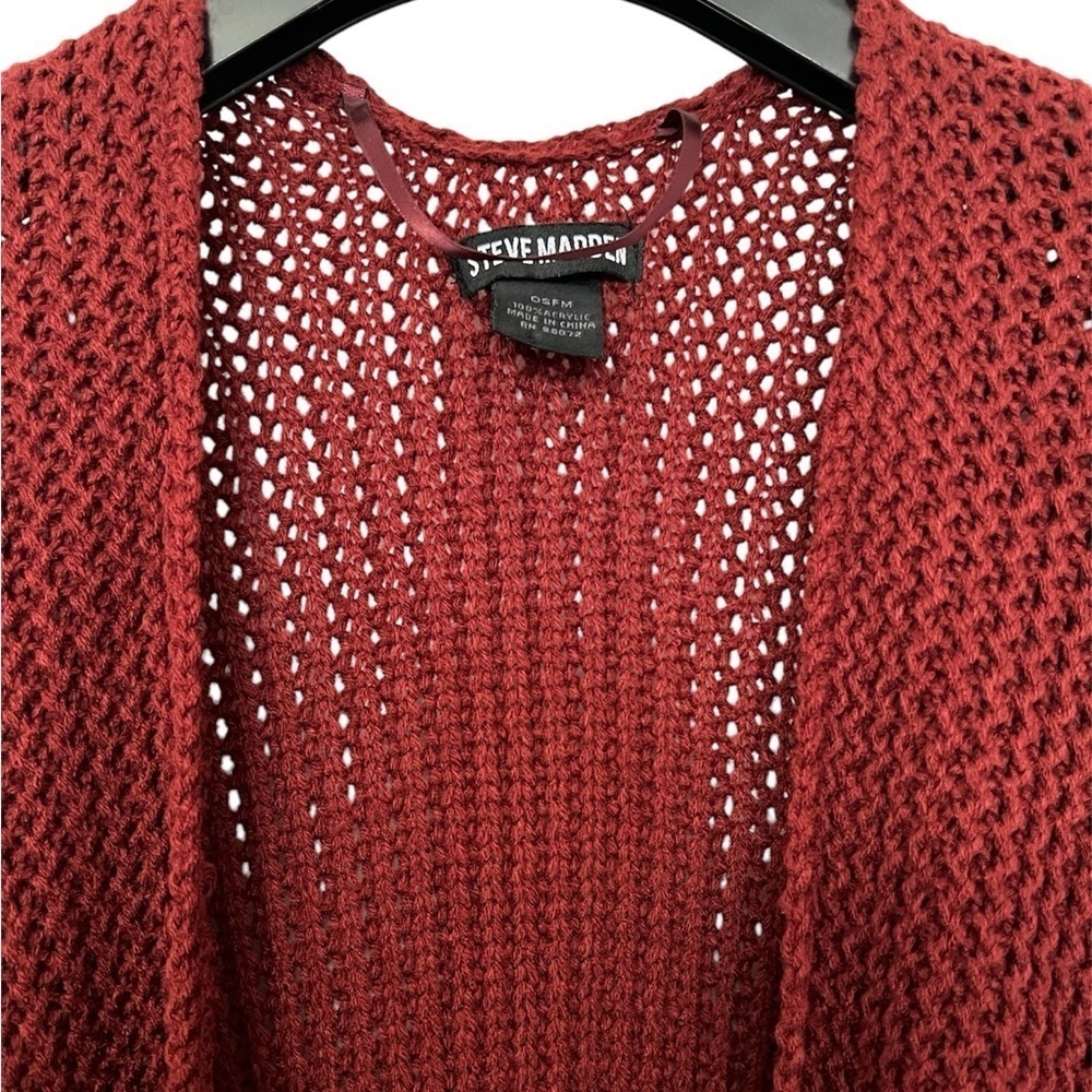 Steve Madden Women Fringed Long Open Front Sweater Vest Burgundy - Picture 2 of 4